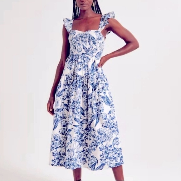 Abercrombie & Fitch Blue and White Floral Ruffle Sleeve Midi Dress, XXSP - Picture 2 of 12